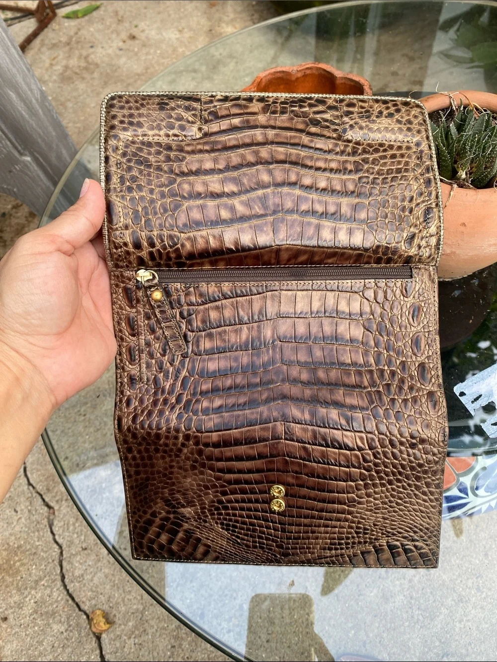 Croc-Embossed Leather Wallet in Dark Brown